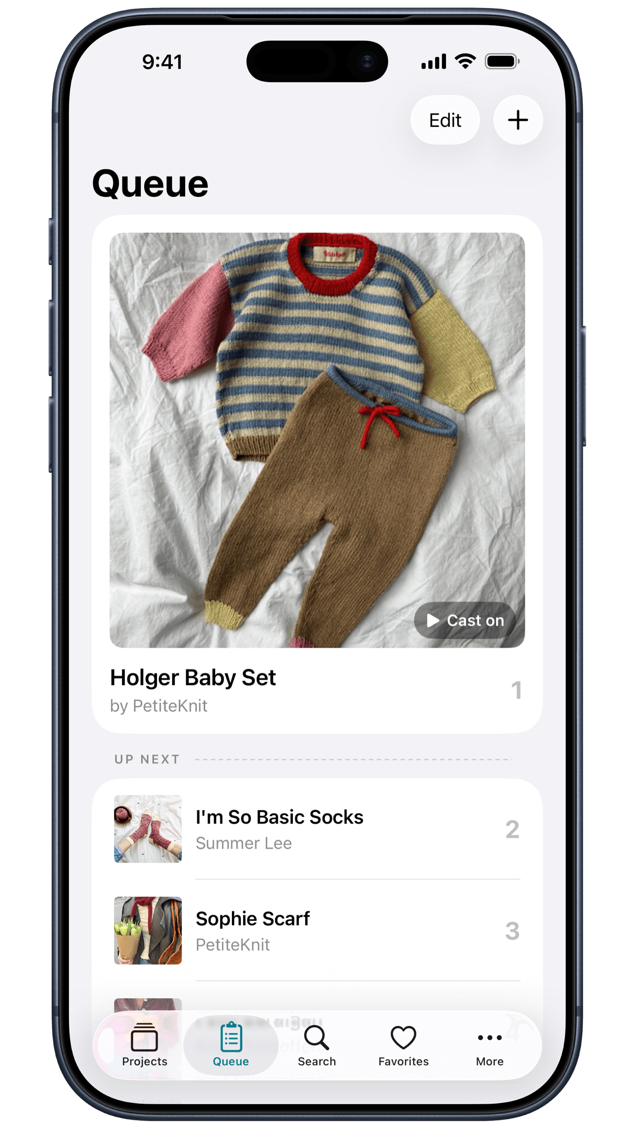 Unraveled — the Queue screen, a line-up of upcoming projects