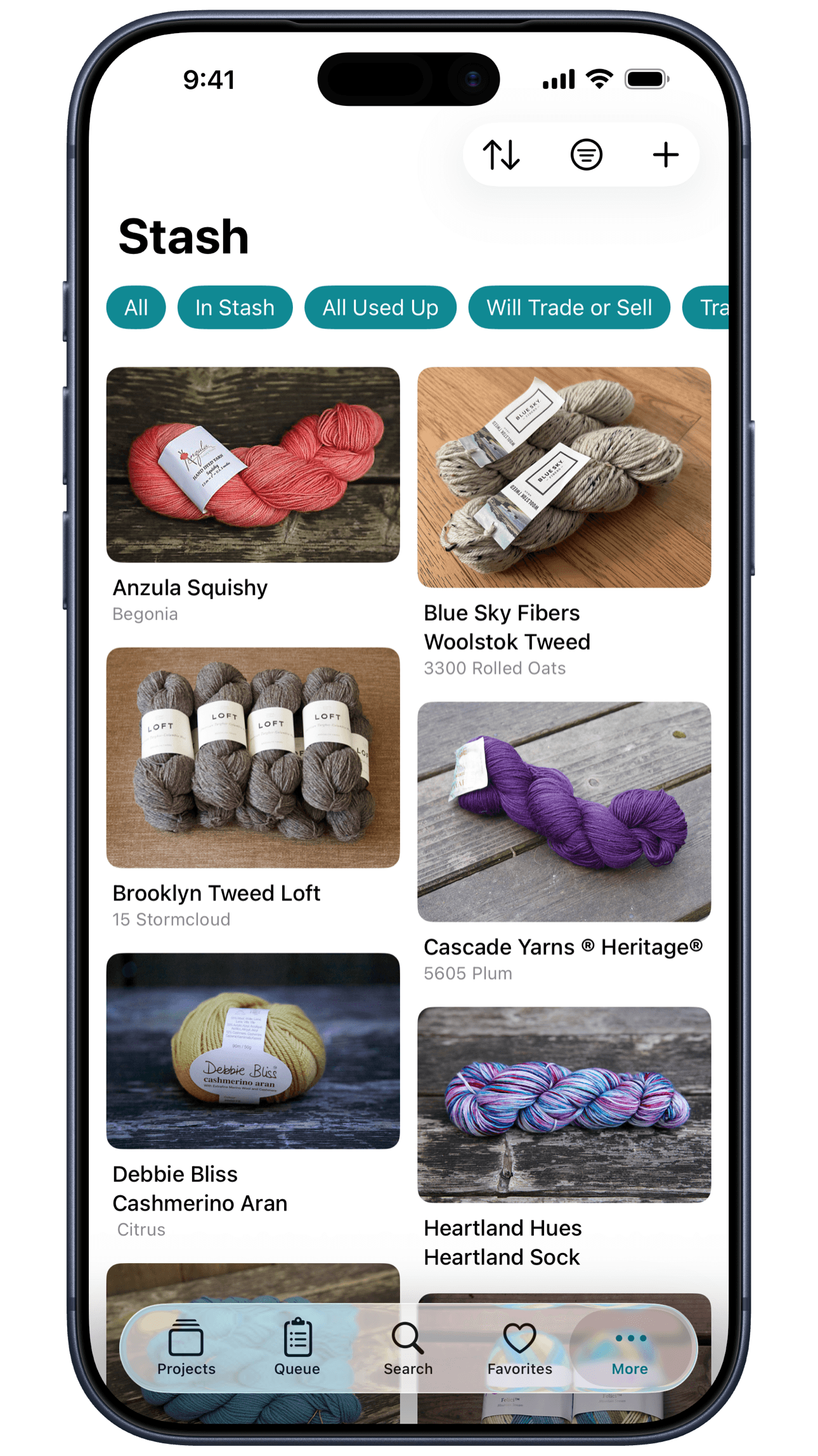 Unraveled — the Stash screen, a yarn inventory