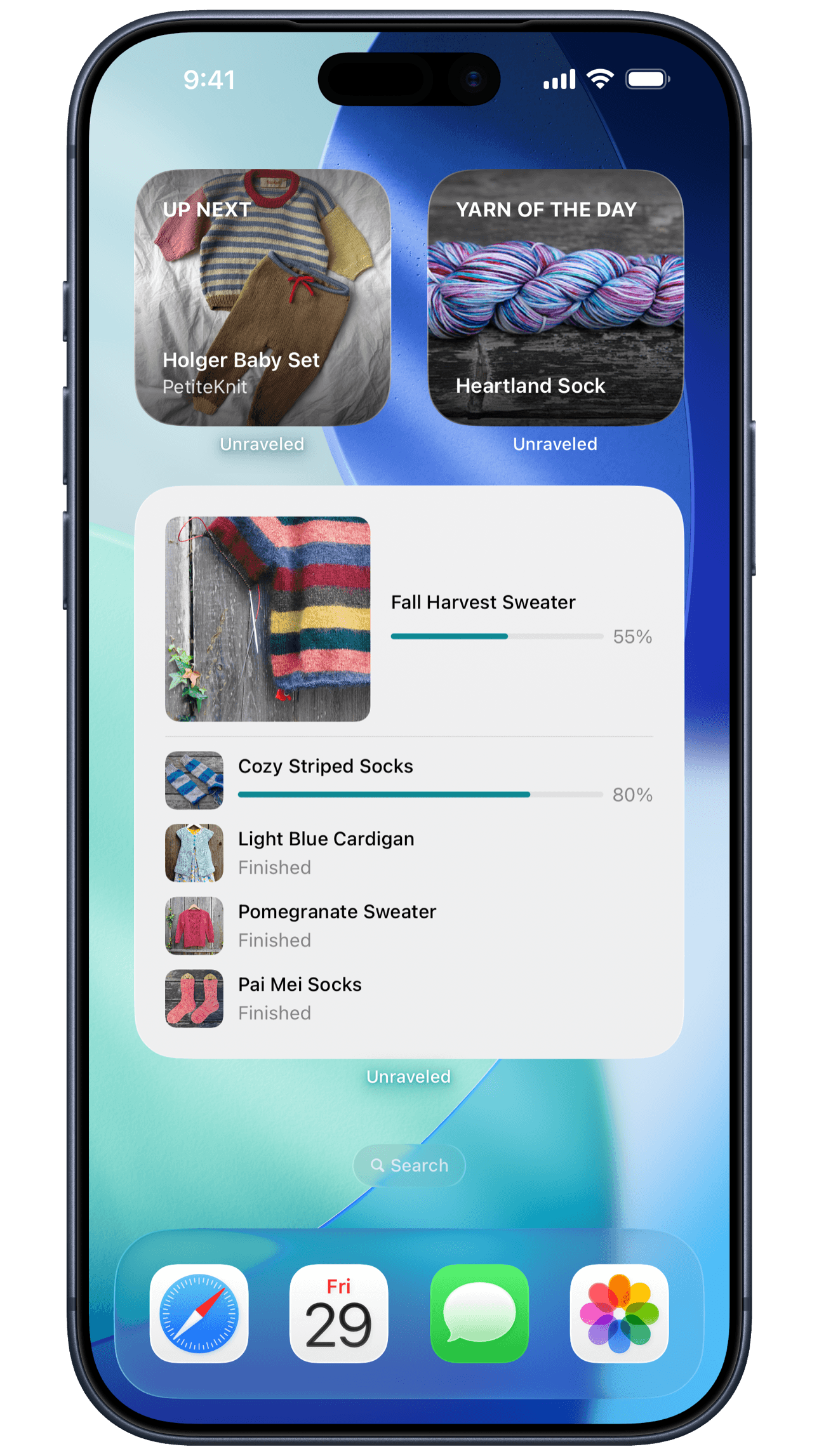 Unraveled — iOS Home Screen widgets showing project progress