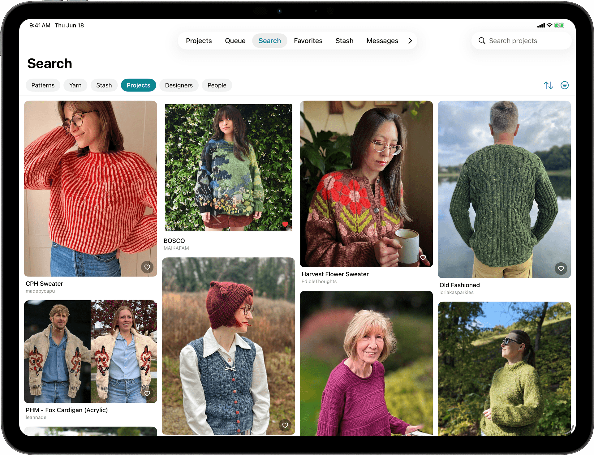 Unraveled on iPad, searching Ravelry's pattern library in a grid of projects