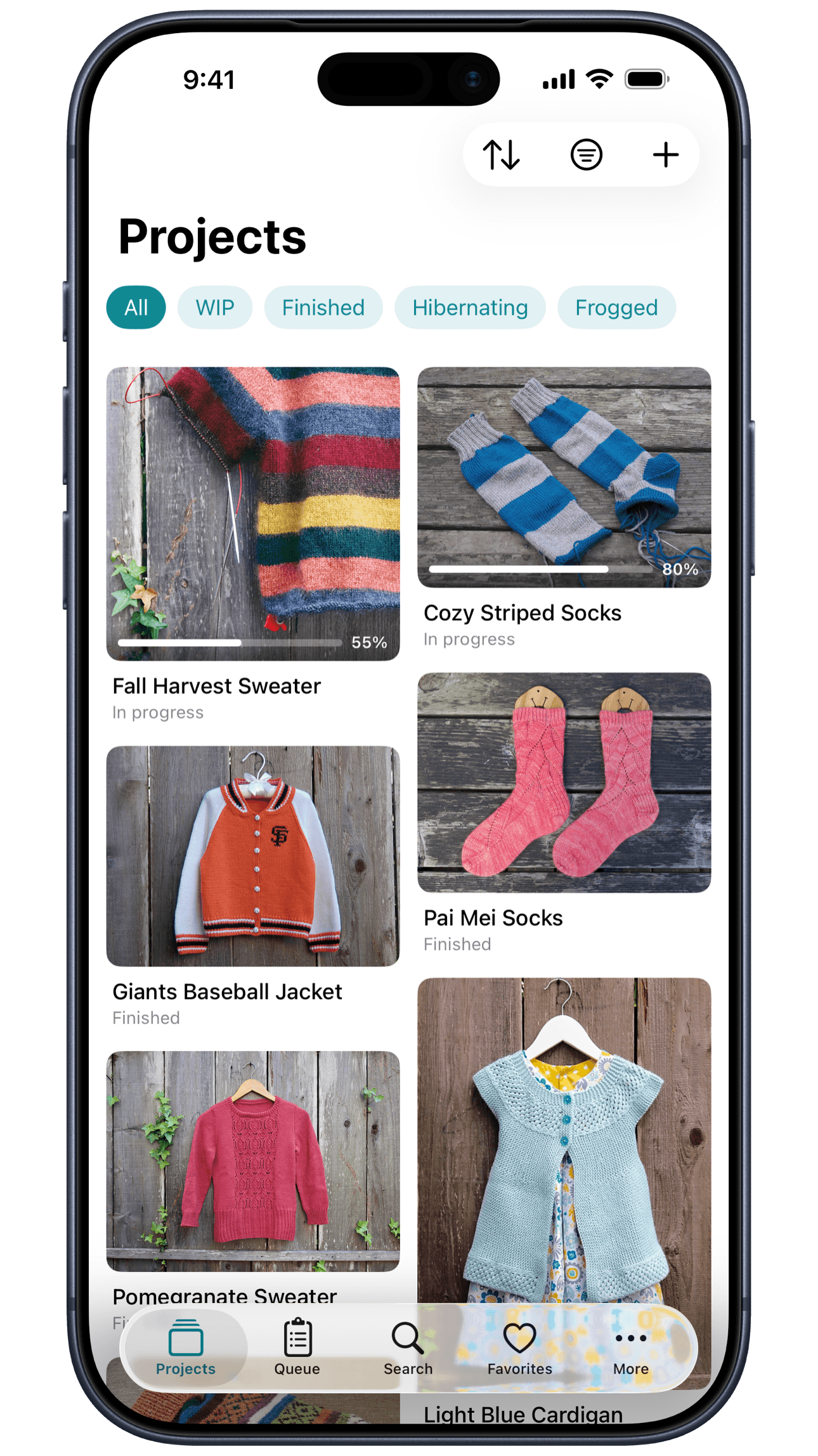 Unraveled — the Projects screen, a grid of knitting and crochet projects