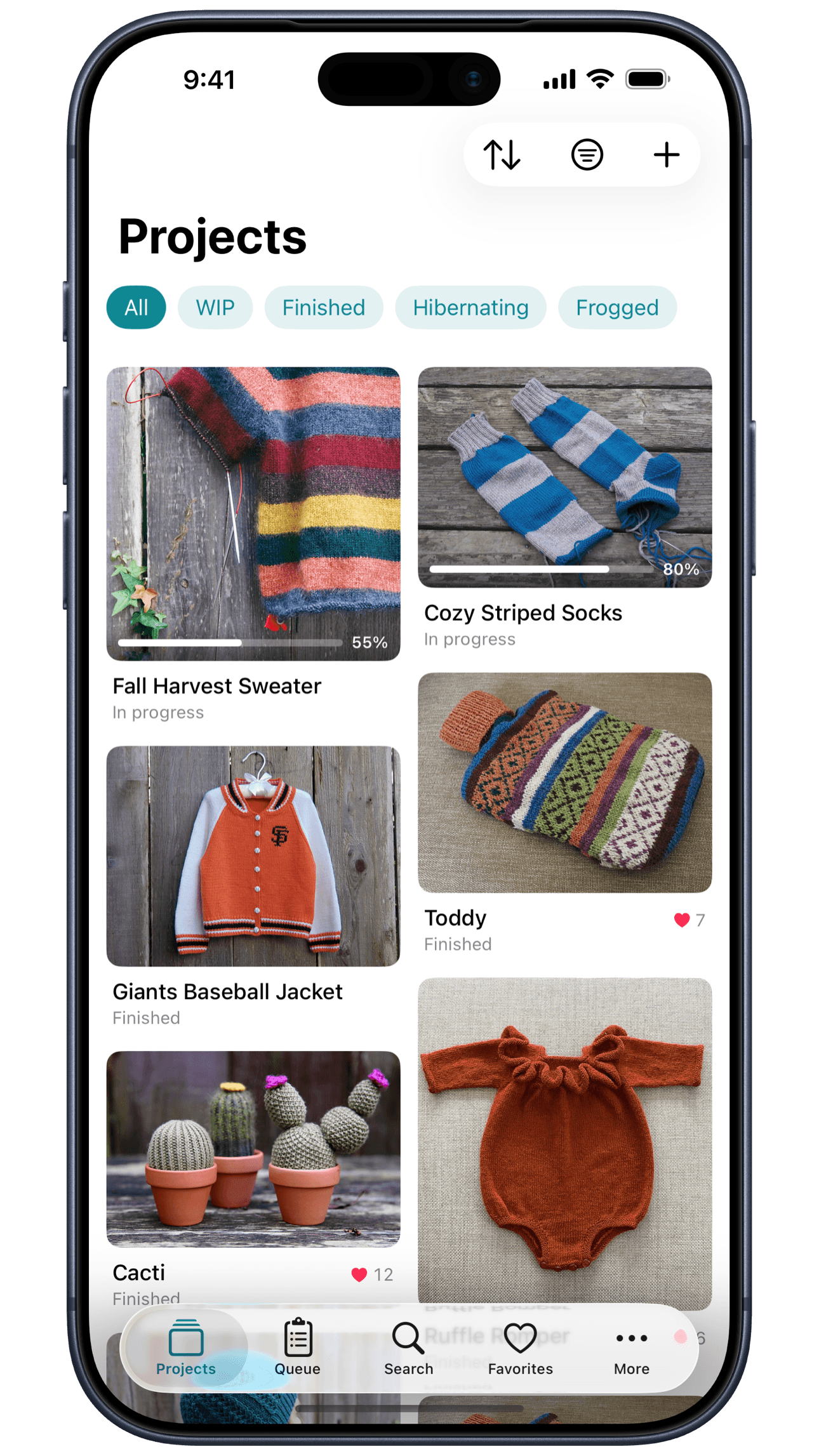 Unraveled — the Projects screen, a grid of knitting and crochet projects
